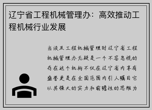 辽宁省工程机械管理办：高效推动工程机械行业发展